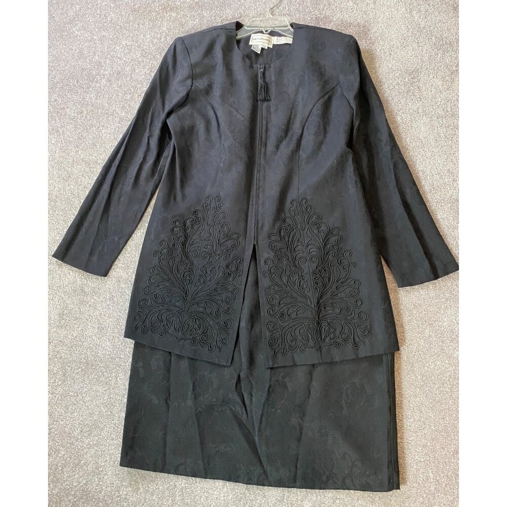 Karen Stevens Black Jacquard 2 PC Dress & Long Jacket w/ Embroidered Detail Size